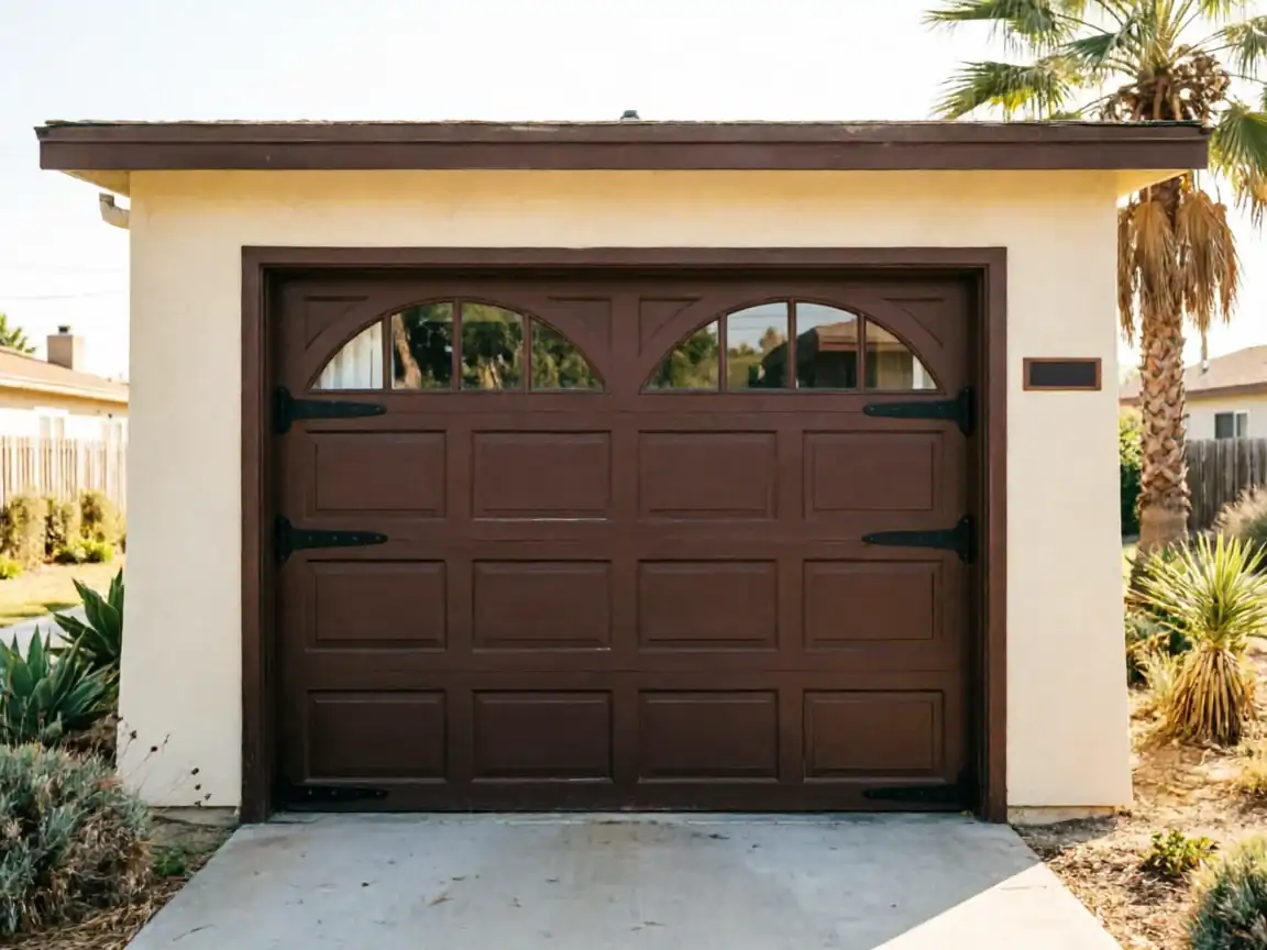 A brown garage door with arched windows is on a beige house.