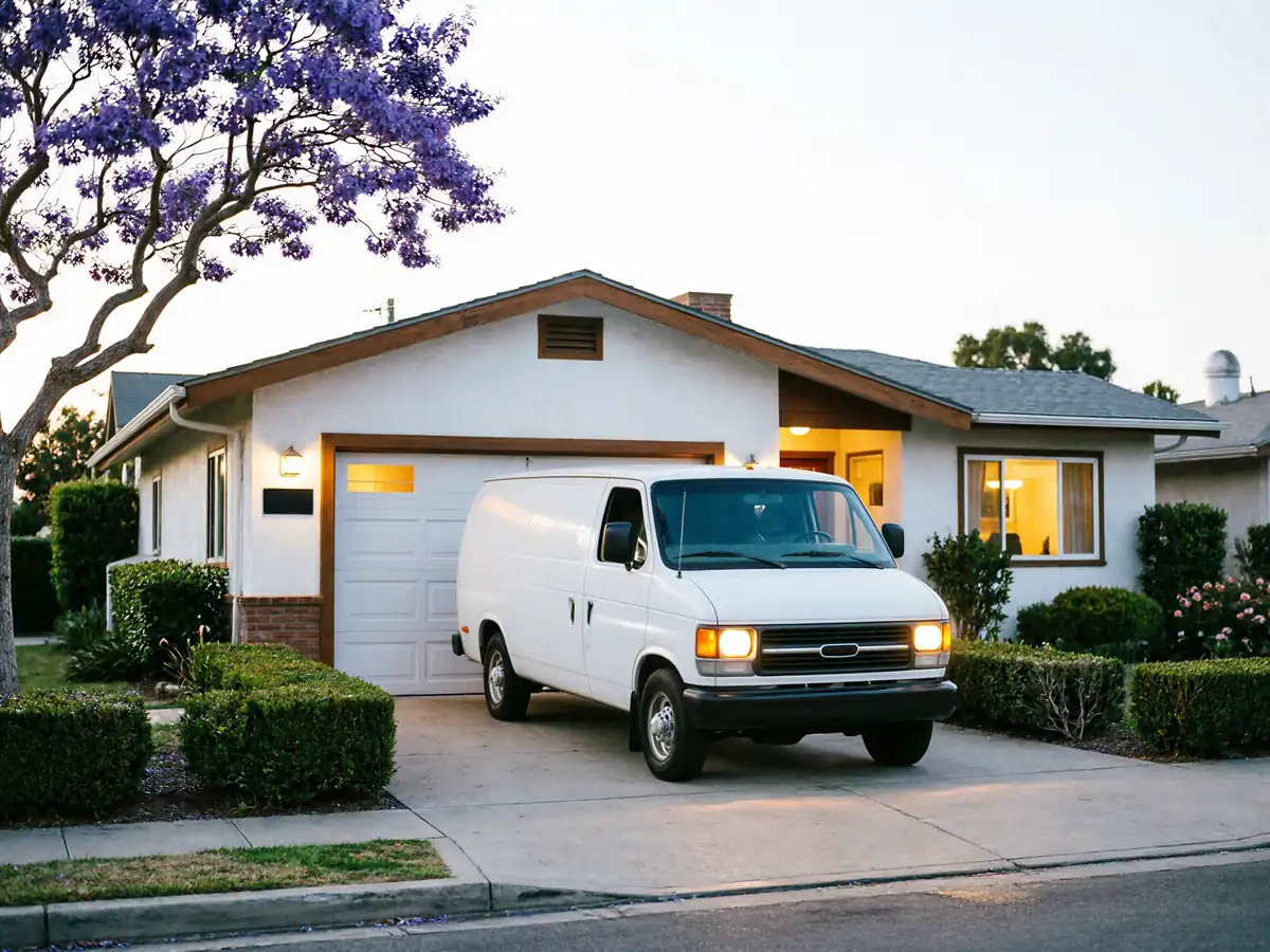 A white van is parked in the driveway of a house with a garage door.