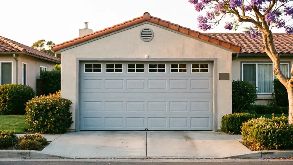 A light gray garage door with windows is on a stucco house.