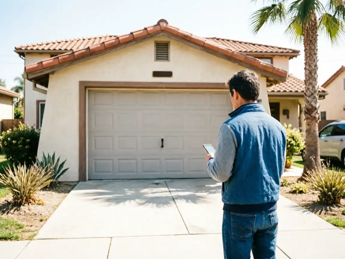 A man stands in a driveway looking at his phone, facing a closed garage door.