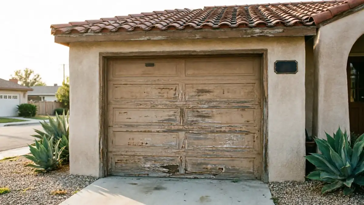 The garage door is tan with peeling paint and visible damage at the bottom.