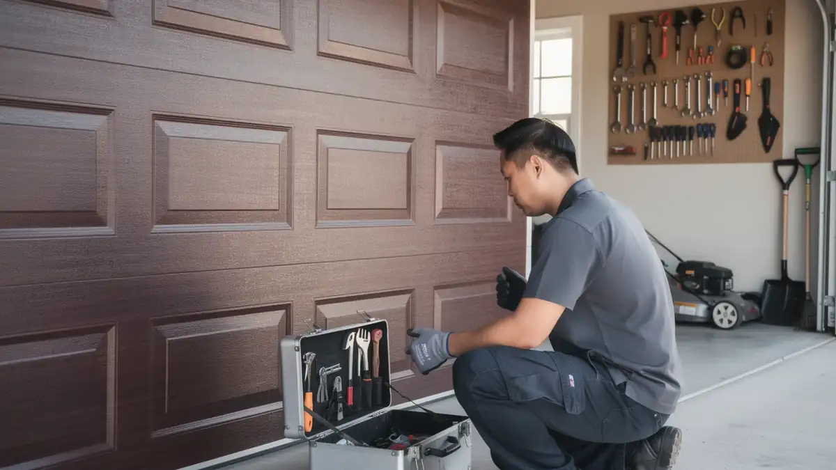 A technician kneels by a brown garage door with an open toolbox.