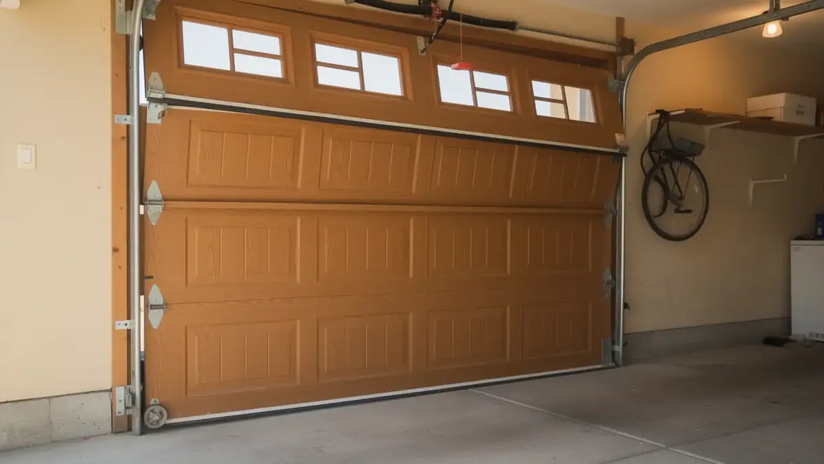 A brown garage door with windows is partially open.